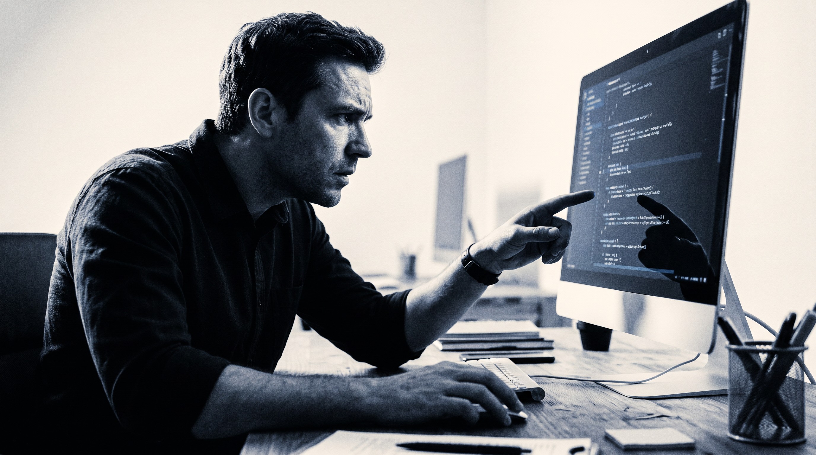 Ontwikkelaar die samenwerkt met een AI-assistent achter een scherm