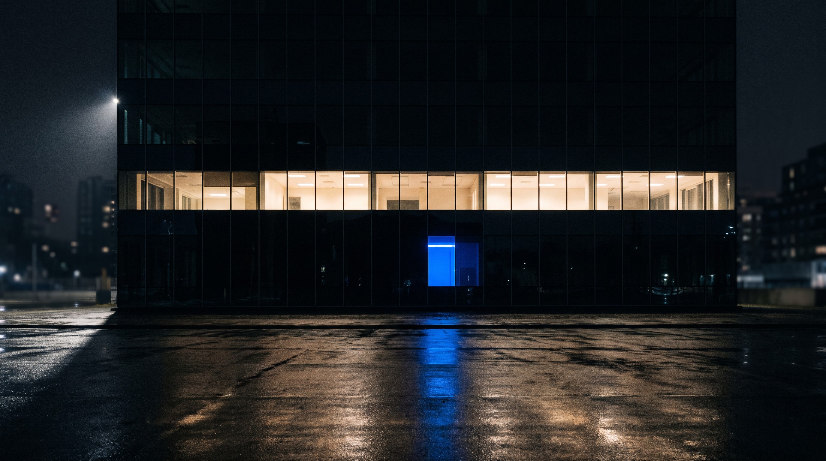 Donker kantoorgebouw bij nacht waarvan op één verdieping alle lichten nog branden en één raam blauw oplicht