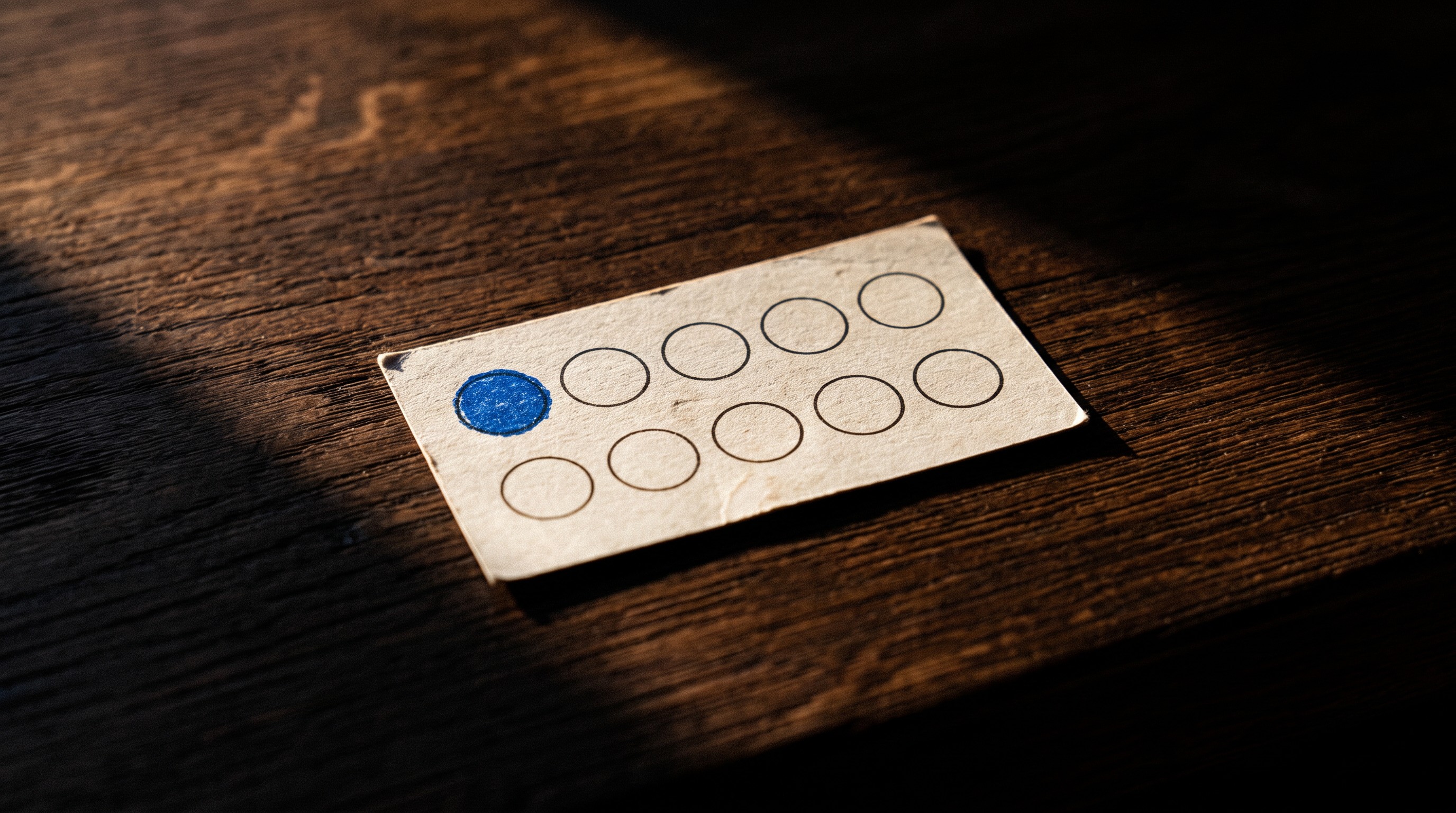Stempelkaart op een donkere houten toonbank met tien vakjes, waarvan alleen het eerste een blauwe stempel heeft