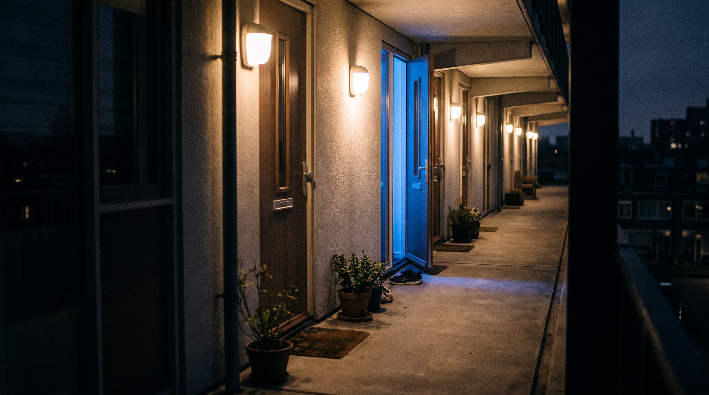 Galerij van een flatgebouw in de avondschemering met een rij gelijke voordeuren, waarvan er één openstaat en blauw licht naar buiten laat vallen