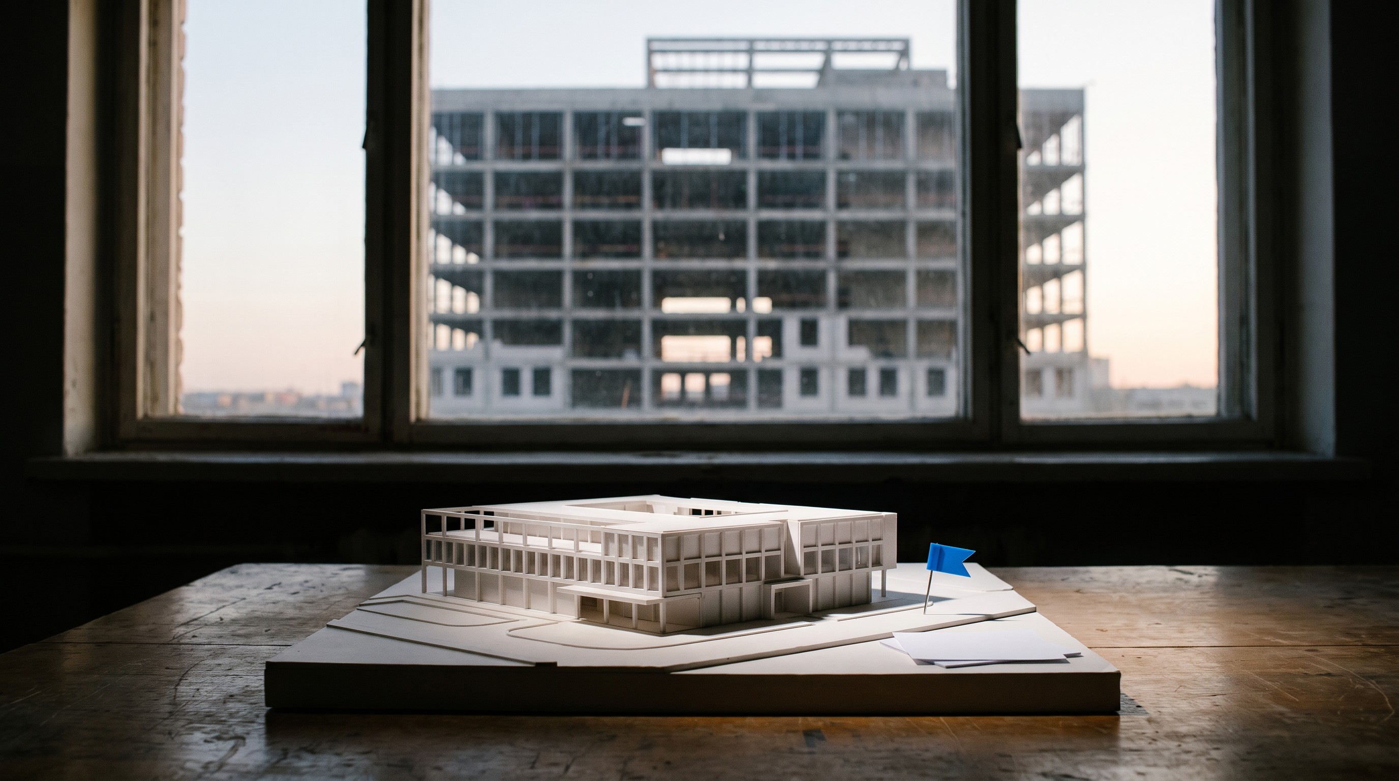 Maquette van een gebouw met een blauw vlaggetje, met op de achtergrond het echte gebouw dat nog in aanbouw is